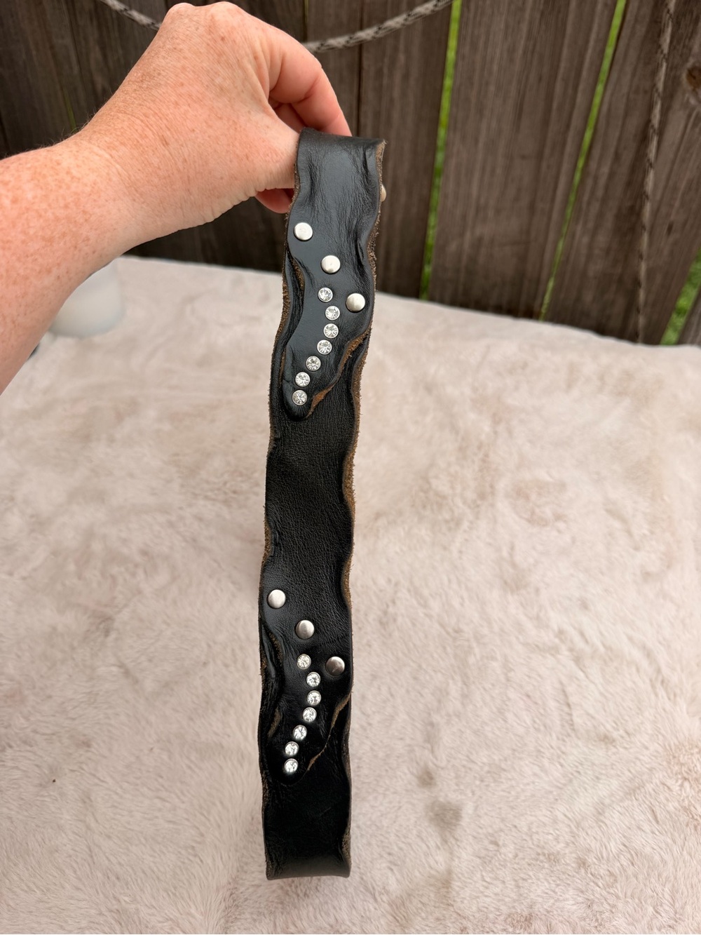 Vintage Black Leather Studded Belt with  Rhinestones Size 36